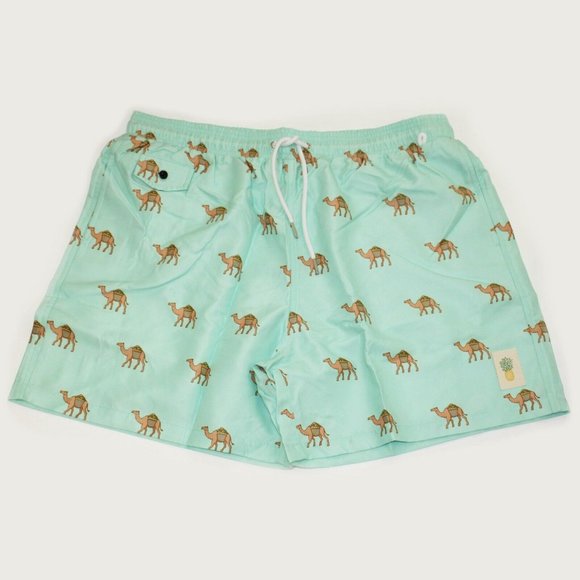 Buba & La Other - Men's Swim Trunks 4 Pocket Drawstring Green Camel Design Extra Large